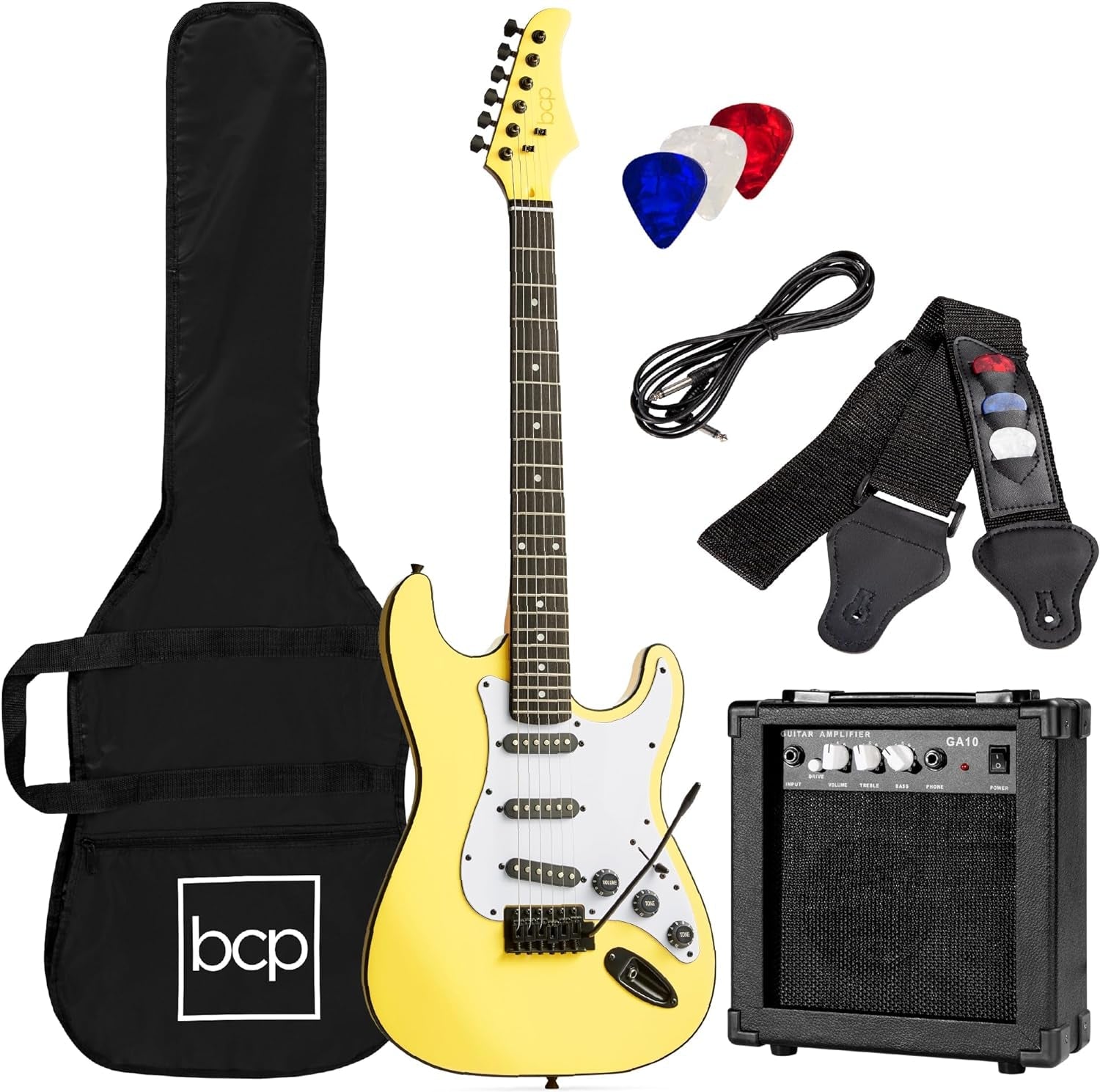 39In Full Size Beginner Electric Guitar Starter Kit W/Case, Strap, 10W Amp, Strings, Pick, Tremolo Bar - Jet Black