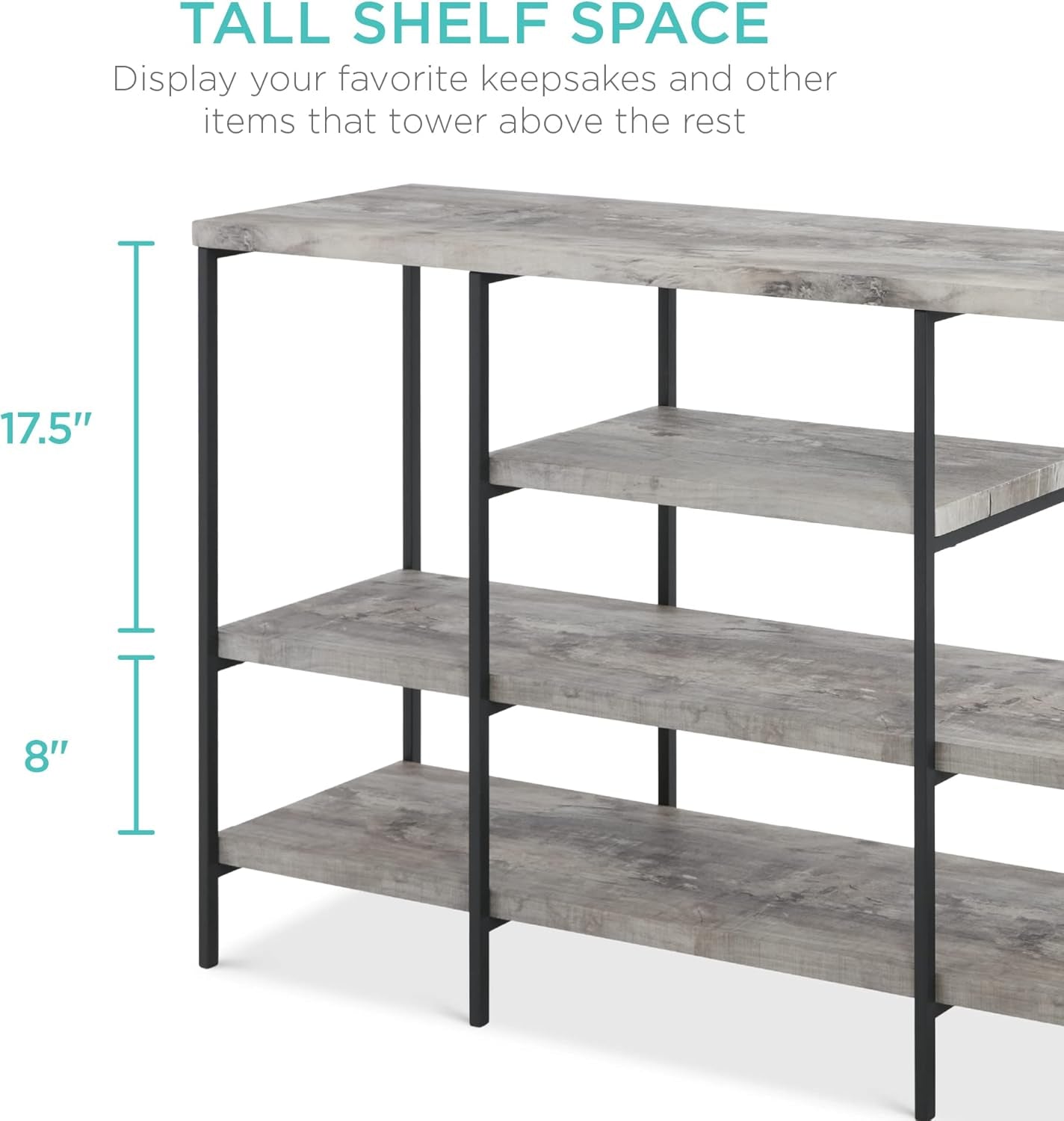 Large Console Table, 4-Tier 55In Rustic, Industrial Sofa Table Storage for Living Room, Entryway, Foyer, Hallway W/Eva Non-Scratch Feet, Steel Frame - Gray