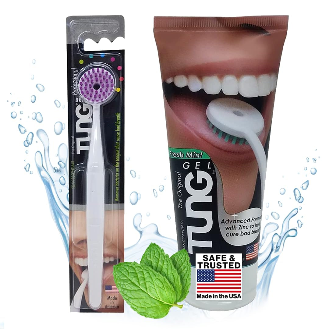 Tung Tongue Brush &amp; Gel Kit | Tongue Cleaner for Adults | Tongue Scraper to Fight Bad Breath and Halitosis | Mouth Odor Eliminator | Fresh Mint | Made in America (Set of 1)