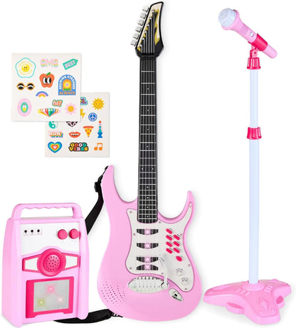 Kids Electric Musical Guitar Play Set, Toy Guitar Starter Kit Bundle W/ 6 Demo Songs, Whammy Bar, Microphone, Amp, AUX, 2 Sticker Sheets - Pink