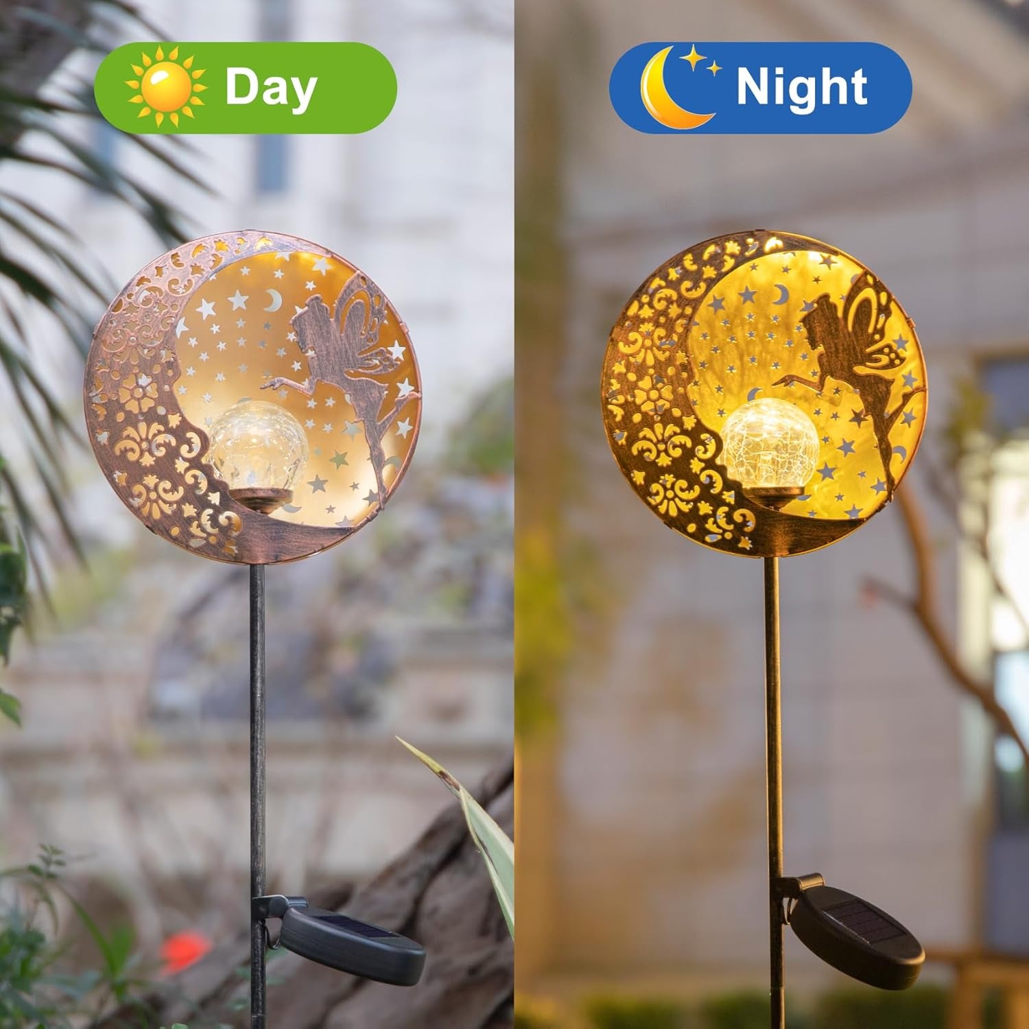 Solar Fairy Garden Lights - Moon Star Glass Globe Pathway Stake, Waterproof Outdoor Decorative Lights for Patio, Yard, Lawn