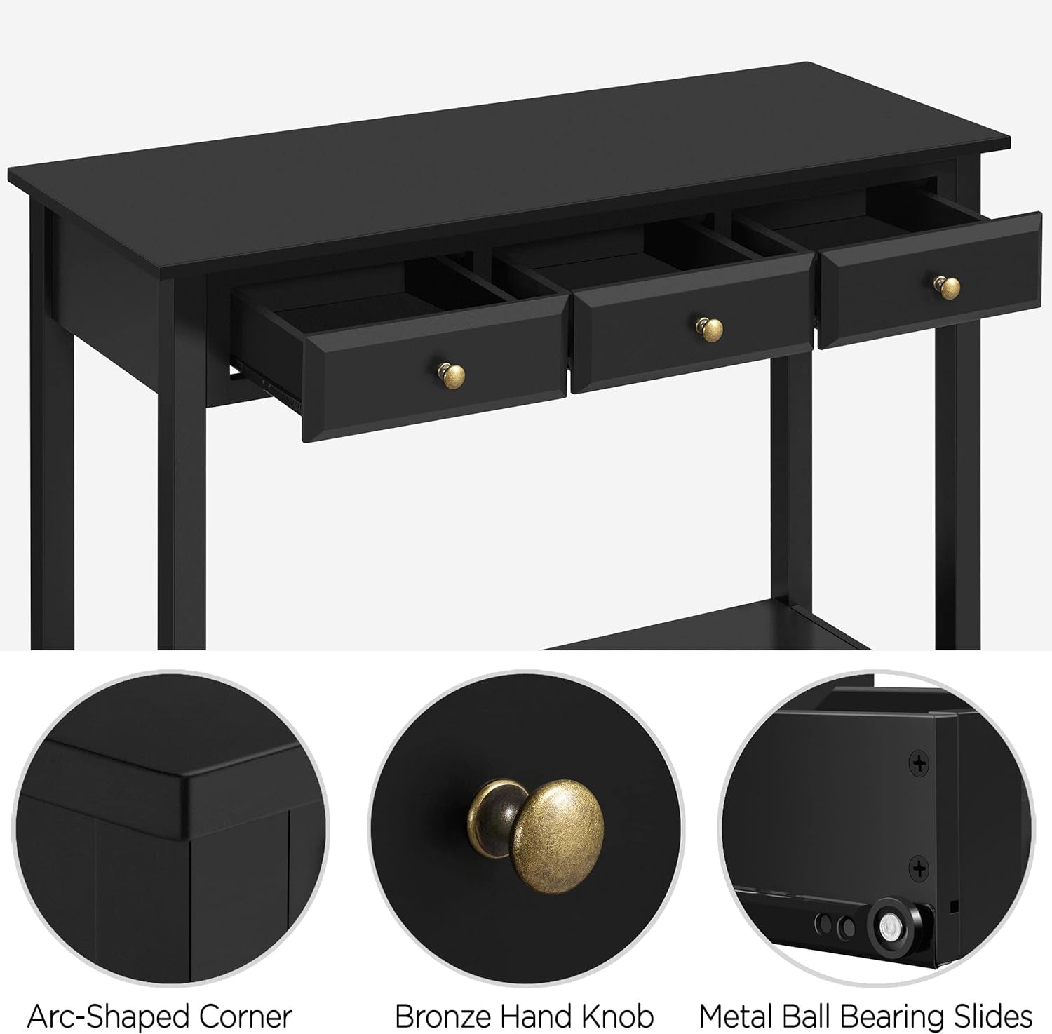 Console Table with 3 Drawers, Wood Entryway Table with Storage Shelf, Sofa Table Narrow Long for Living Room, Entryway, Hallway, Foyer, Black