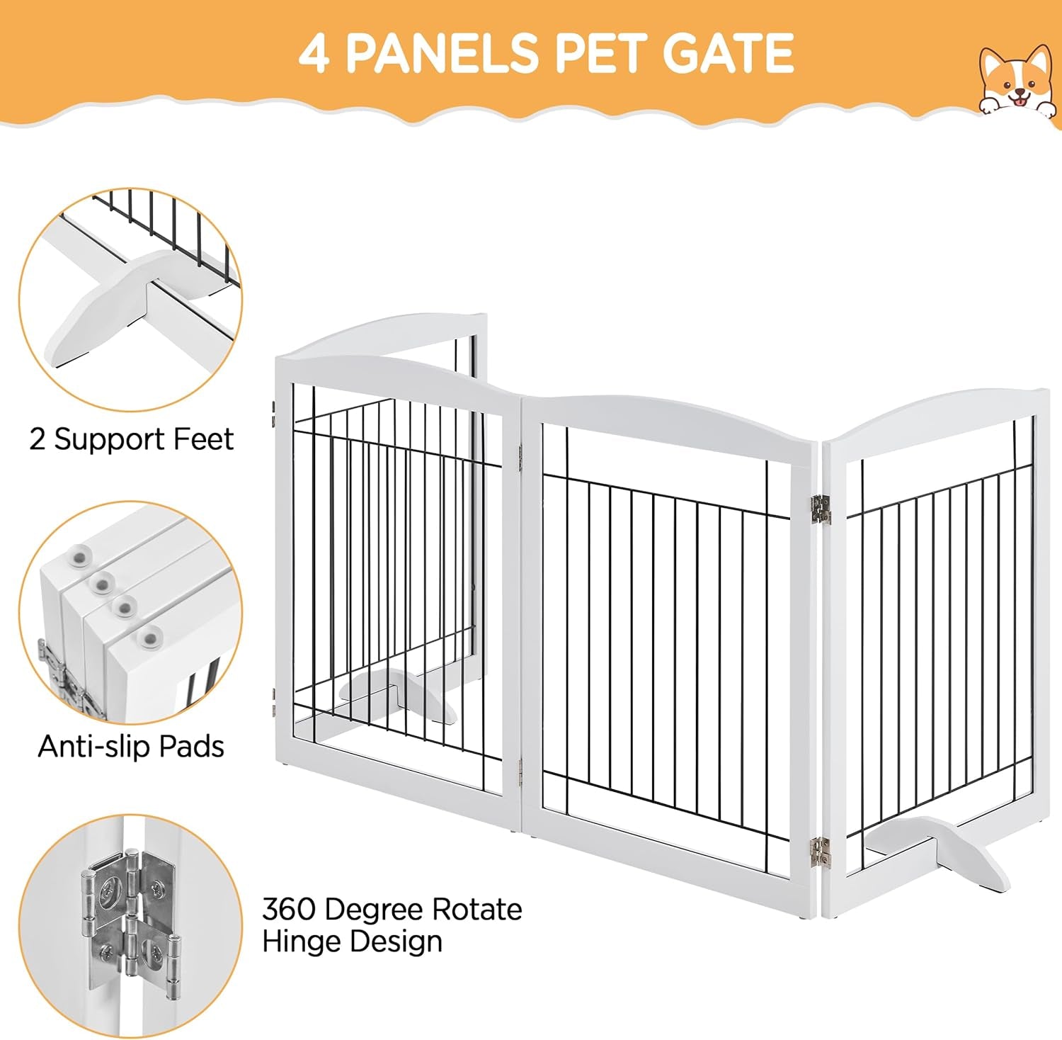 32-Inch Tall Dog Gate Extra Wide Pet Gate for Dogs Indoor Foldable Wire &amp; Wooden Puppy Safety Fence W/2 Support Feet,Freestanding Dog Gate for the House, Doorway, Stairs(White,4 Panels)