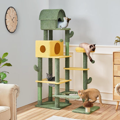 Cactus Cat Tree, Large Cat Tree for Indoor Cats, Multi-Level Cat Tower with 2 Large Condo, Scratching Posts, 2 Acrylic Clear Bowls and Dangling Balls, 68.5In