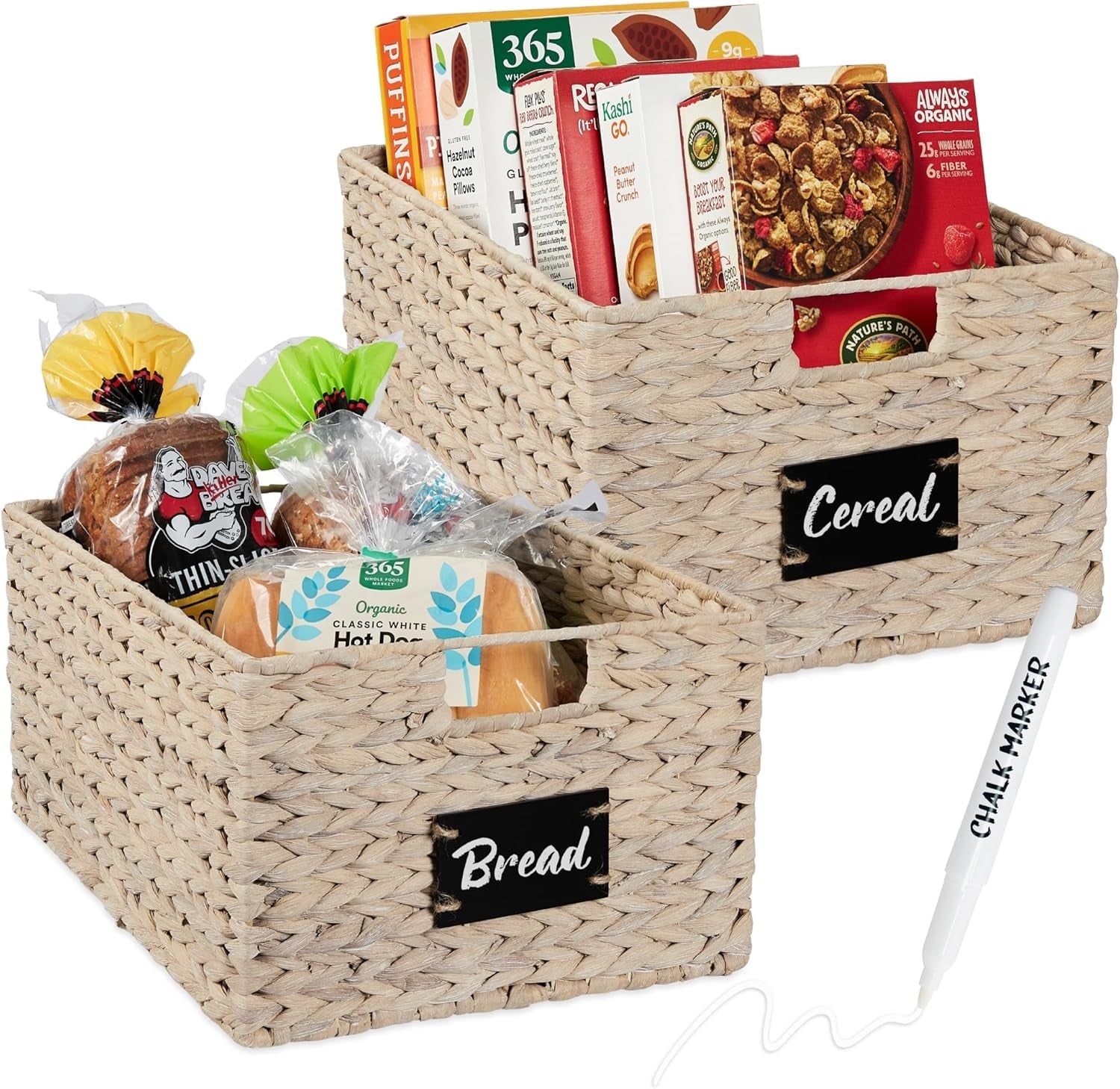 Set of 4 9X12In Water Hyacinth Pantry Baskets, Woven Kitchen Organizers W/Chalkboard Label, Chalk Marker - Natural