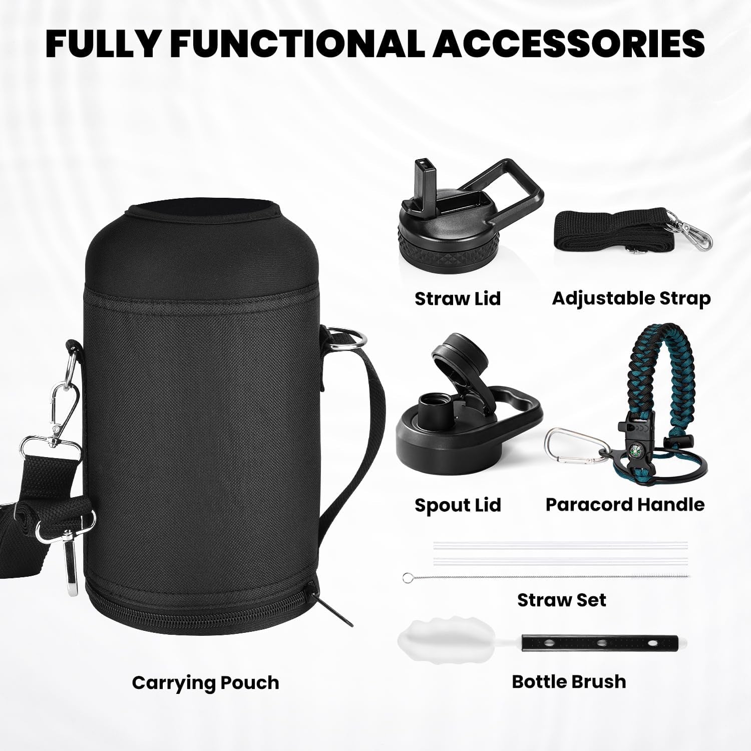 Insulated Water Bottle 64 Oz, Triple Wall Vacuum Stainless Steel (Cold for 48 Hrs), Leak Proof &amp; Non-Bpa, Half Gallon Water Flask Jug with Paracord Handle &amp; Straw Spout Lids