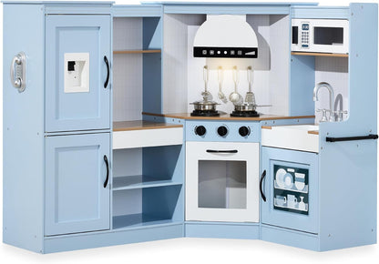 Pretend Play Corner Kitchen, Ultimate Interactive Wooden Kids Playset W/Lights &amp; Sounds, Ice Maker, Hood - Farmhouse White