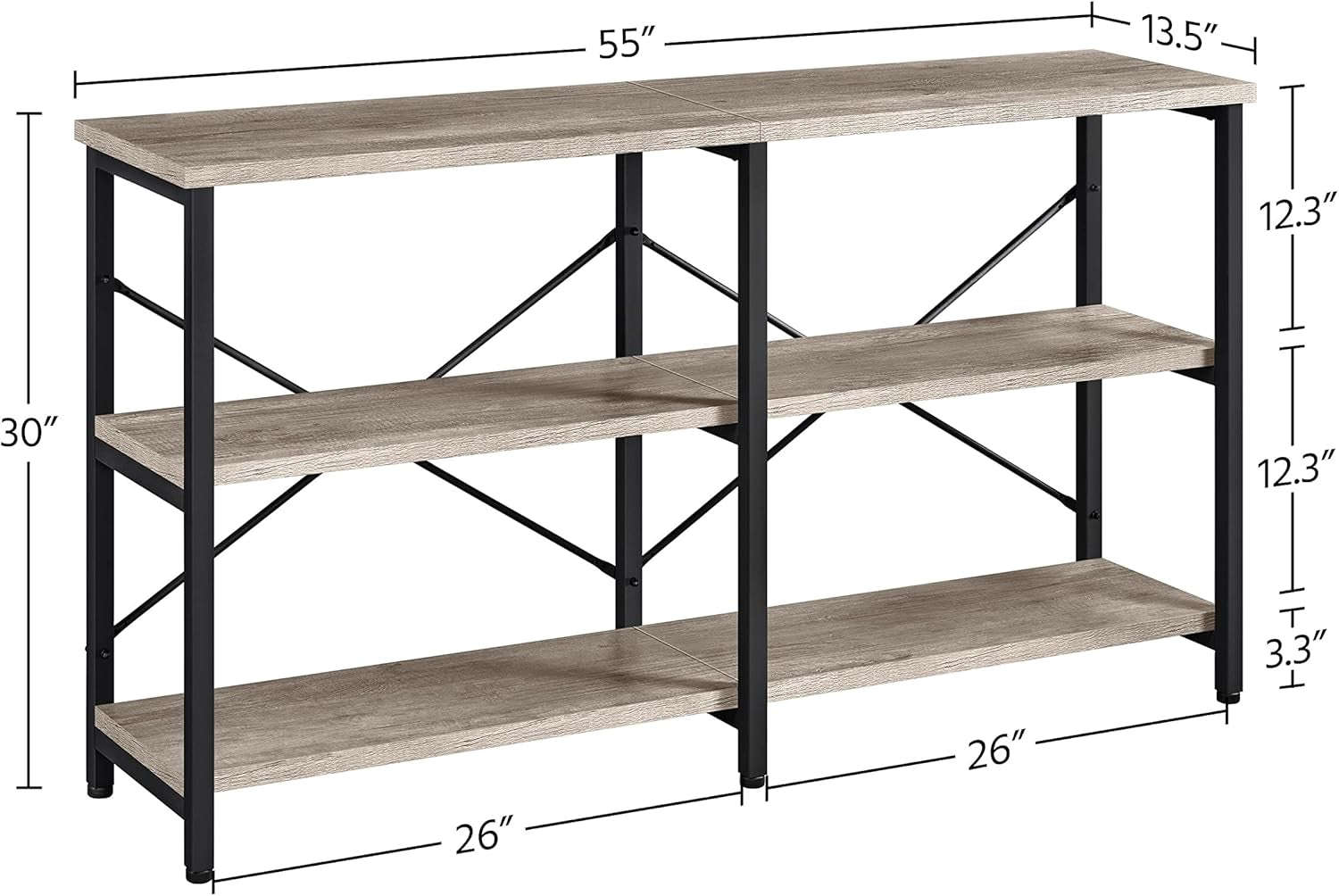 Console Table with Storage Shelves, 3-Tier Industrial Entryway Table, 55 Inch Long behind Couch Sofa Table for Entryway/Living Room/Hallway/Bedroom, Gray