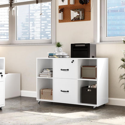 White File Cabinet Mobile Letter Size File Cabinet with 2 Drawers and 4 Open Storage Shelves Large Mobile Lateral Filing Cabinet Printer Stand for Home and Office