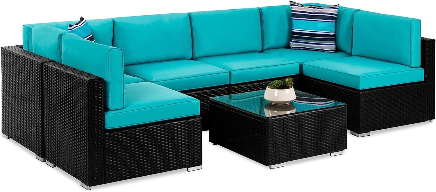 7-Piece Modular Outdoor Sectional Wicker Patio Conversation Set W/ 2 Pillows, Coffee Table, Cover Included - Gray/Navy