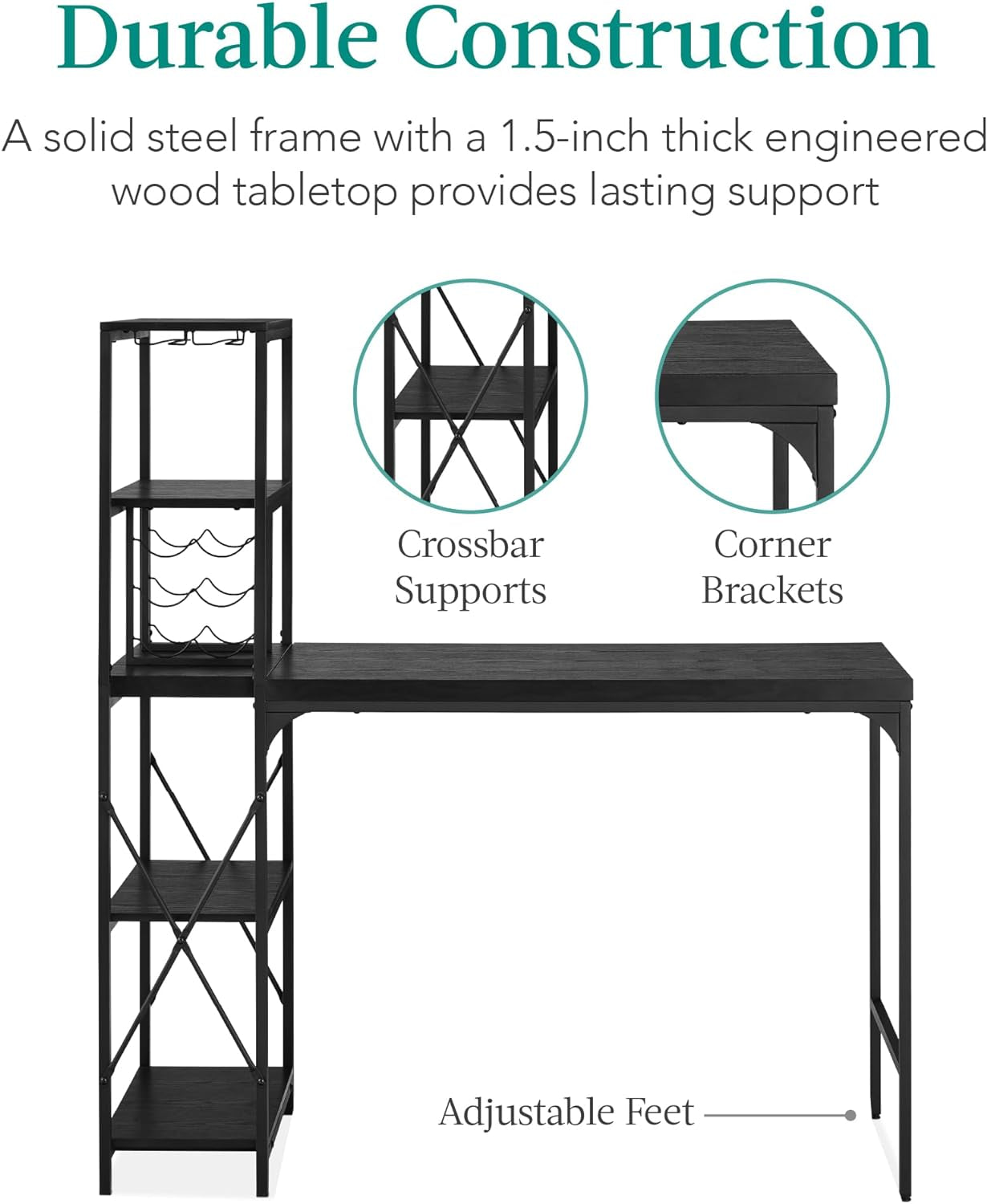 3-Piece Counter Height Dining Set, Desk, Bar, Kitchen Island Table W/ 2 Stools, Wine Rack &amp; Storage Shelves - Black