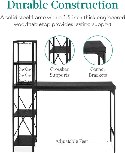 3-Piece Counter Height Dining Set, Desk, Bar, Kitchen Island Table W/ 2 Stools, Wine Rack &amp; Storage Shelves - Black