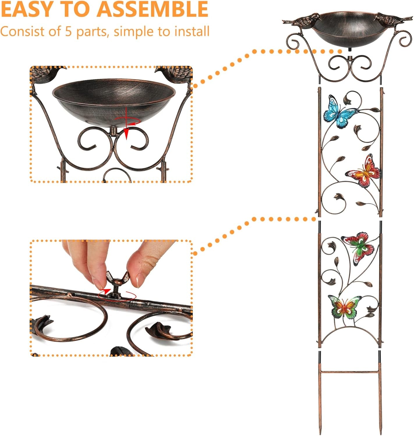 Bird Bath with Trellis Outdoor, Antique Garden Iron Trellis with Decorative Butterflies Detachable Bird Bowl Metal Potted Plants Support for Climbing Flowers