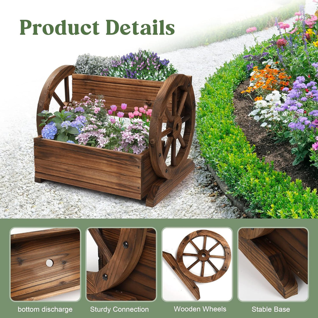 Wooden Wagon Planter Box, Garden Planter with Wheels,Decorative Planter for Flowers Herbs Vegetables for Indoor &amp; Outdoor Décor, Flower Cart for Patio Garden Balcony