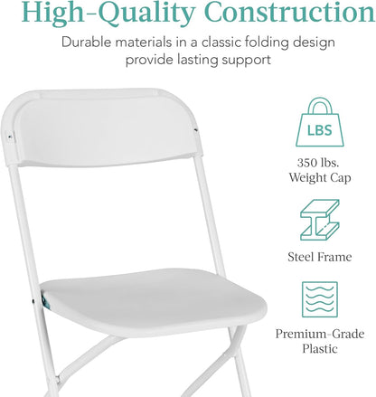 Set of 10 Plastic Folding Chairs, Portable Stacking Indoor Outdoor Seating for Home, Yard, Garden, Parties, Events W/Non-Slip Feet, 350Lb Weight Capacity - White