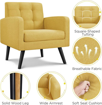 Mid-Century Accent Chairs, Modern Upholstered Living Room Chair, Cozy Armchair Button Tufted Back and Wood Legs for Bedroom/Office/Cafe, Yellow