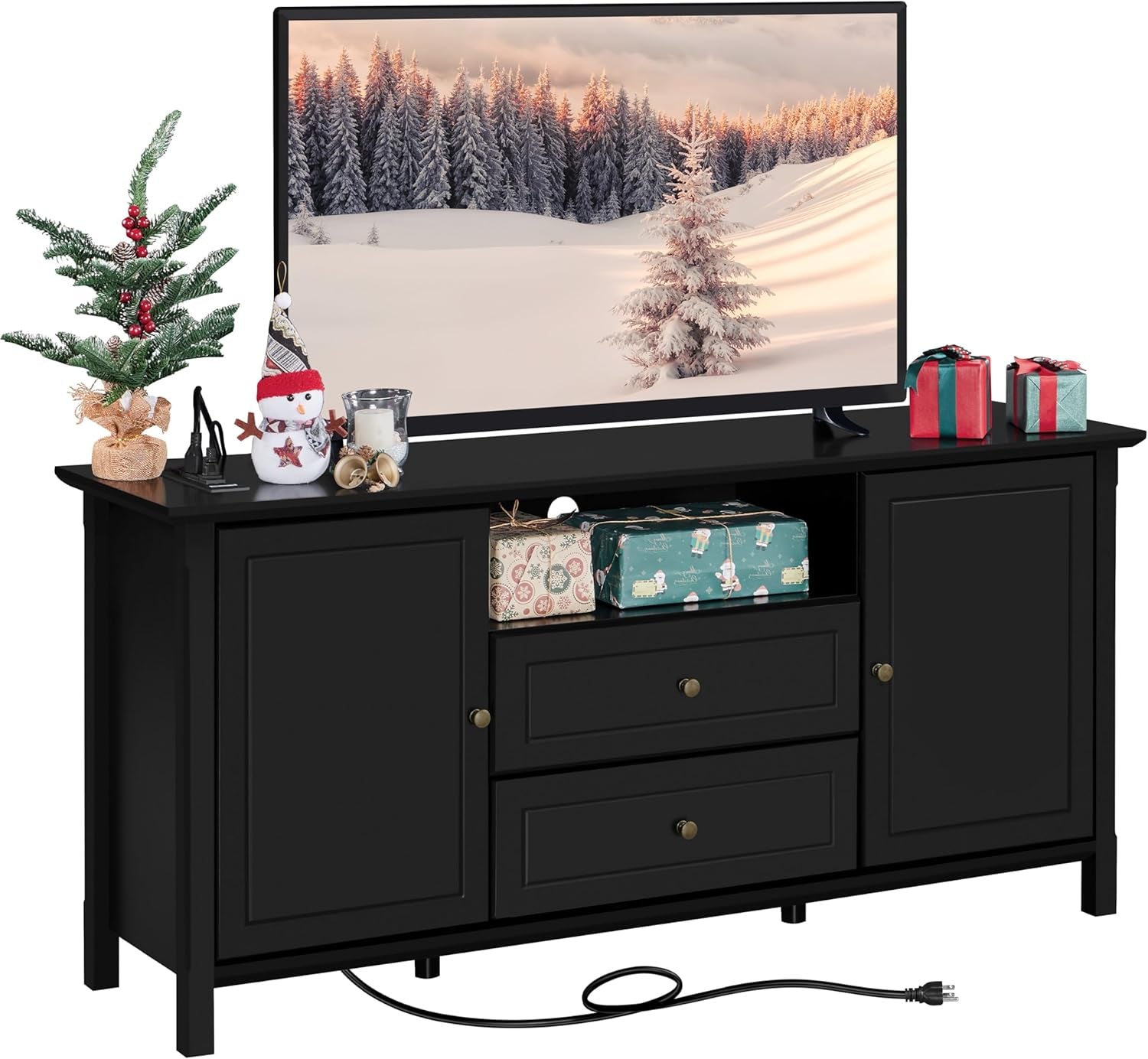 TV Stand with Storage for Tvs up to 65 Inch, Black TV Console Table for Living Room, Media Entertainment Center TV Storage Cabinet with 2 Central Drawers &amp; Open Shelf, 58 In