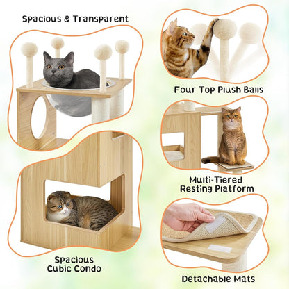 Wooden Cat Tree, 53In Modern Cat Tower for Indoor Cats with Scratching Posts Washable Detachable Cushion, Clear Bowl &amp; Teasing Balls, Multi-Level Heavy Duty Cat Condo Furniture for Large Cat