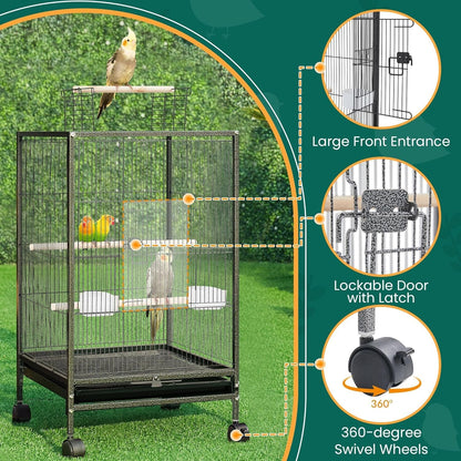 35 Inch Wrought Iron Bird Cage W/Play Open Top and Rolling Stand for Small Birds like Parrots Conure Lovebird Cockatiel Lovebirds Budgies