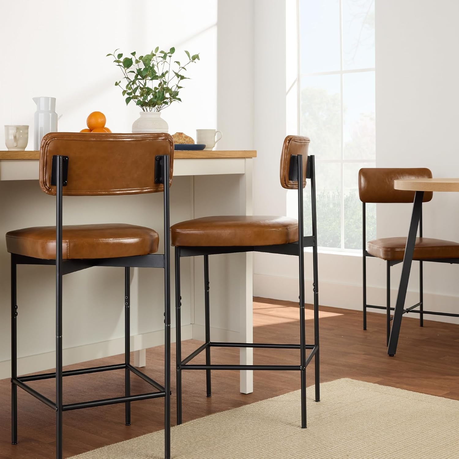 Set of 2 Faux Leather Bar Stools, Armless Counter Height for Kitchen Island, Home, Dining W/Metal Frame - Camel Brown