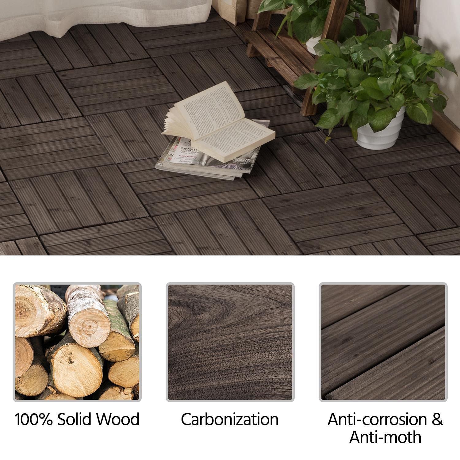 11Pcs Patio Deck Tiles 12 X 12In Interlocking Wood Floor Tiles Indoor &amp; Outdoor for Patio Garden Deck Poolside Tiles, Black