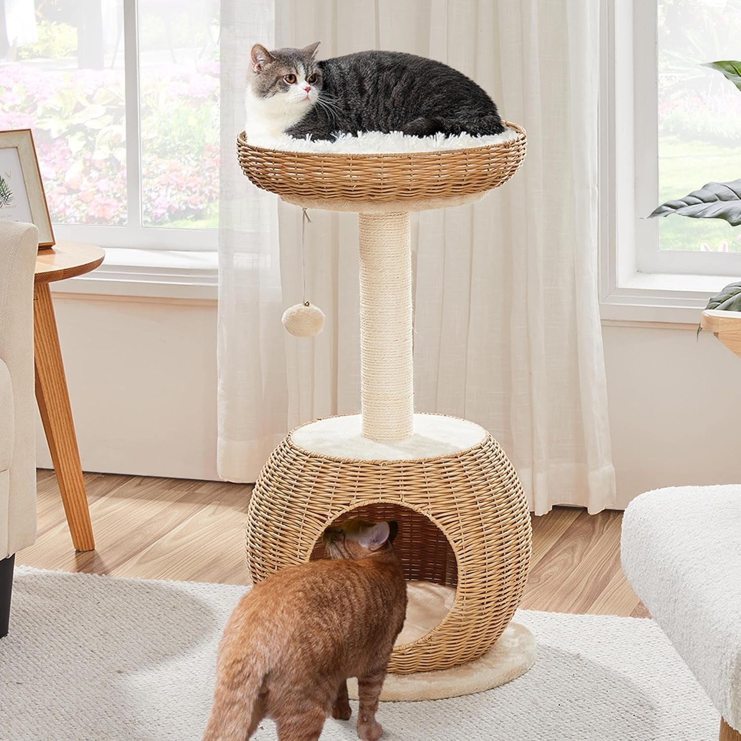 Cat Tree, 29.5In Rattan Cat Tower for Indoor Cats W/Scratching Post, Woven Cat Condo and Soft Cushion Top Perch, Aesthetic Cat Tree for Kittens