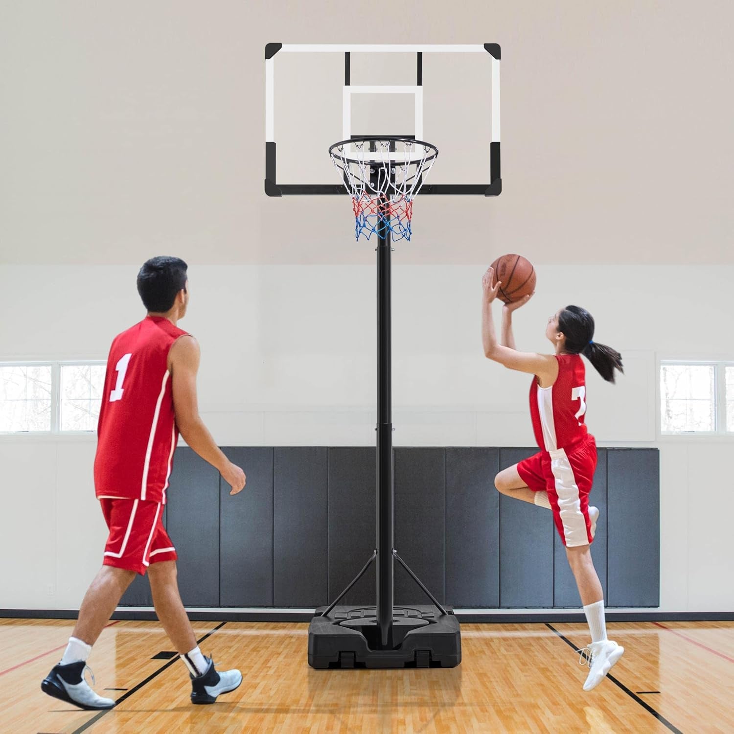 Basketball Hoop Outdoor Basketball Goal 9.5-12Ft Height Adjustable Portable Basketball Hoop Basketball Court for Adult 44 Inch Basketball Backboard