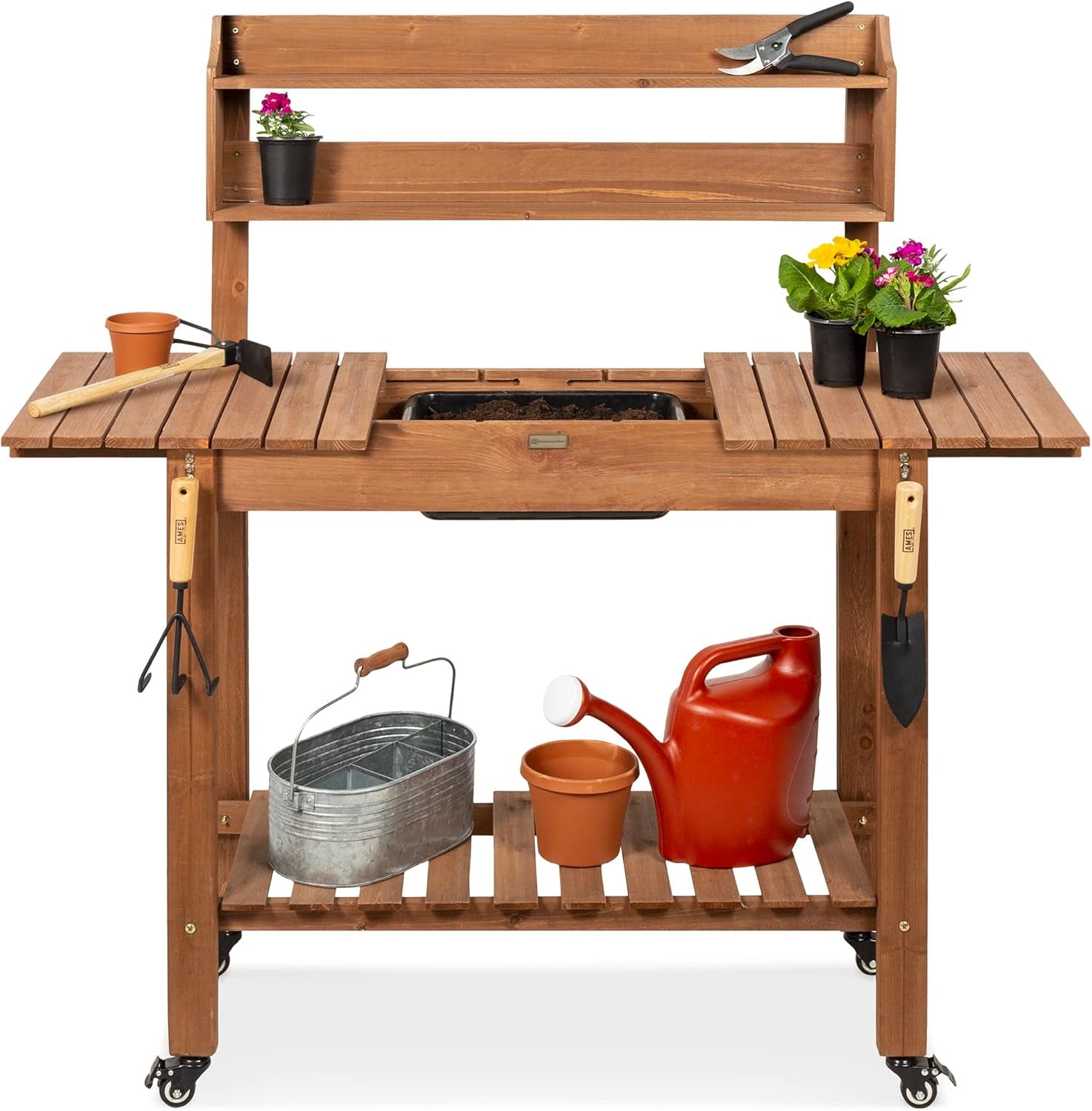 Mobile Garden Potting Bench, Outdoor Wood Workstation Table W/Sliding Tabletop, 4 Locking Wheels, Food Grade Dry Sink, Storage Shelves - Brown