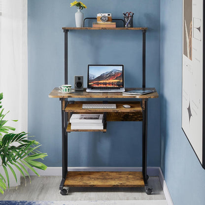 3 Tiers Rolling Computer Desk with Keyboard Tray and Printer Shelf for Home Office, Mobile Computer Desk for Small Space, Retro Computer Table Compact PC Laptop Workstation, Rustic Brown