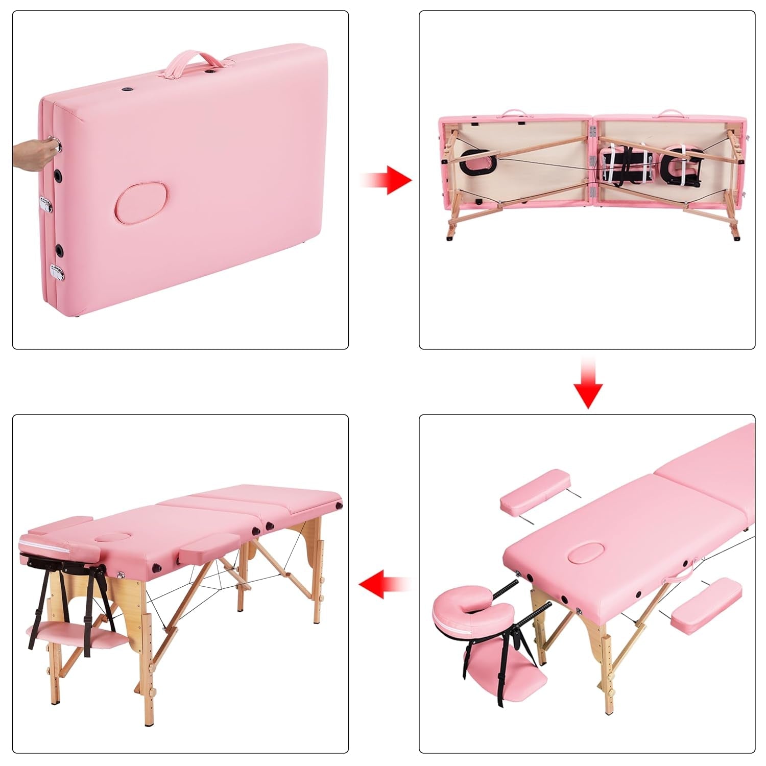 Massage Table Portable Adjustable Massage Bed Foldable Massage Therapy Table 3 Folding 84 Inch Salon Bed Facial Bed with Non-Woven Bag, Pink