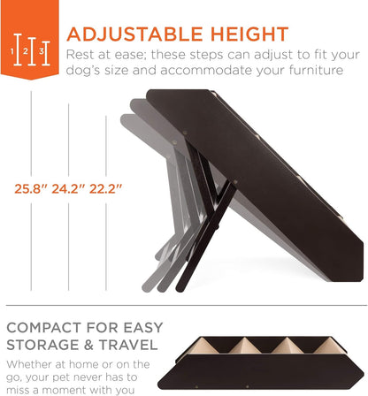 4-Step Foldable Adjustable, Non-Slip Wide Wooden Pet Stairs for Living Room, Bedroom, Dog &amp; Cat Sizes Small, Medium, Large W/Carpet, No Assembly, Ideal for Injured, Elderly Pets