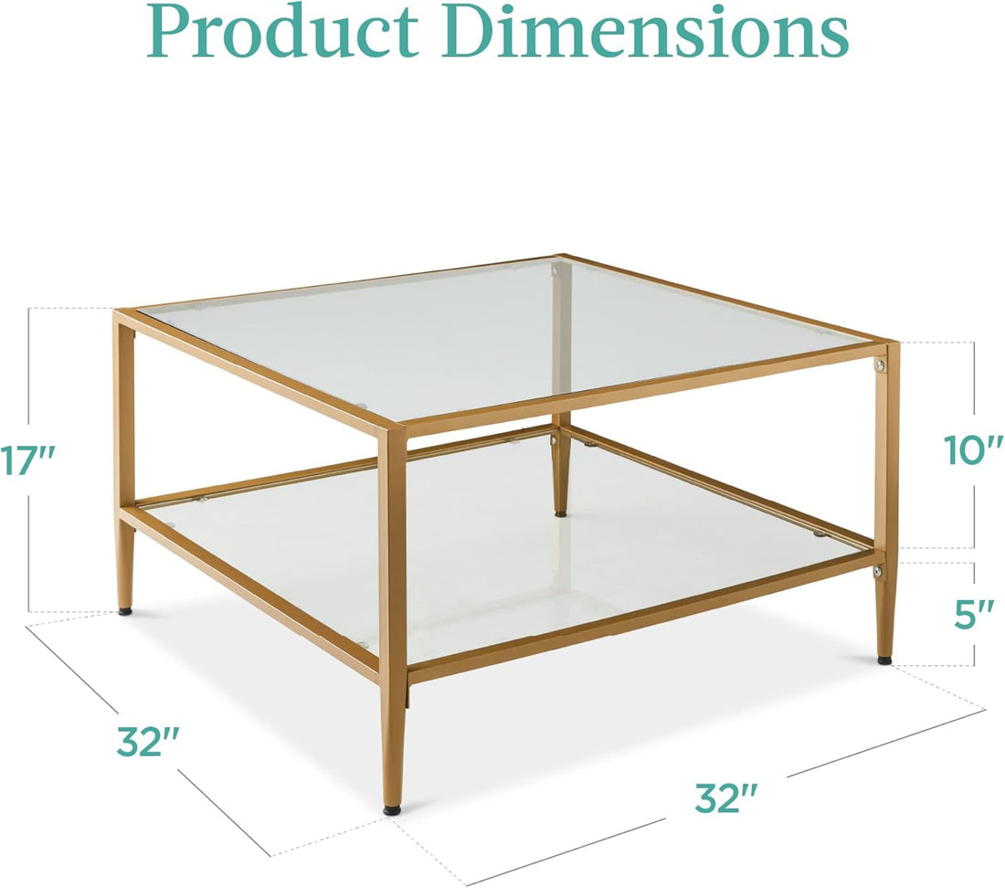 32” Square Glass Coffee Table, Large 2-Tier Accent Furniture for Living Room, Bedroom W/Metal Frame, Glass Shelves - Gold