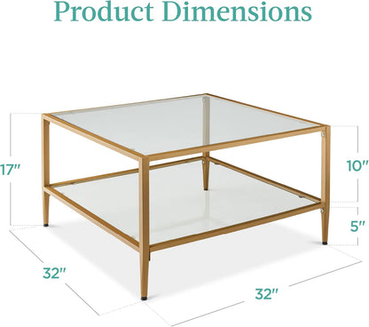 32” Square Glass Coffee Table, Large 2-Tier Accent Furniture for Living Room, Bedroom W/Metal Frame, Glass Shelves - Gold