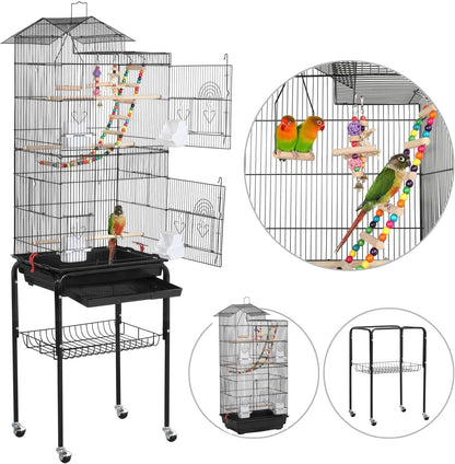 Bird Cage 64-Inch Play Open Top Medium Small Parrot Parakeet Bird Cages with Detachable Rolling Stand for Parrot Lovebirds Finches Parakeets Budgie Parrotlet Conures, Pet Flight Birdcage