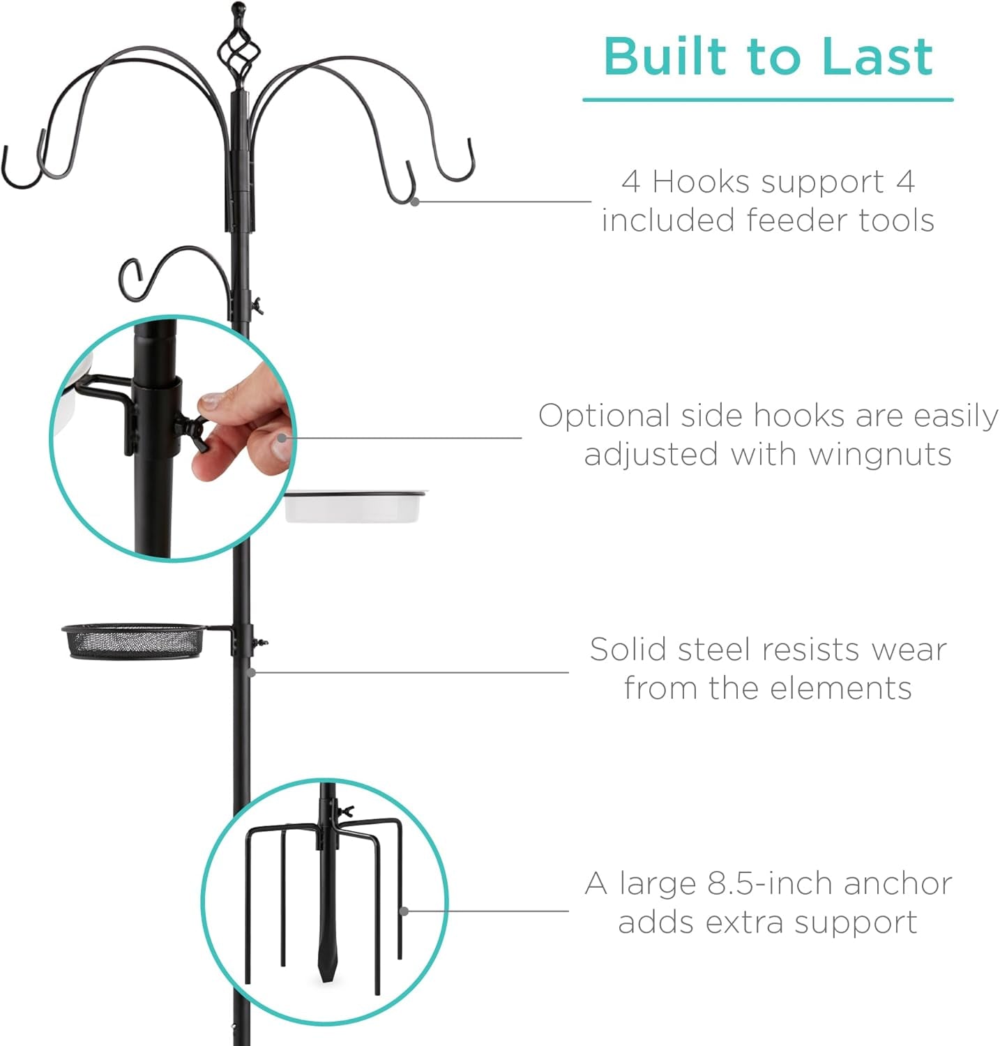 6-Hook Bird Feeding Station, Steel Multi-Feeder Kit Stand for Attracting Wild Birds W/ 4 Bird Feeders, Mesh Tray, Bird Bath, 5-Prong Base - Black