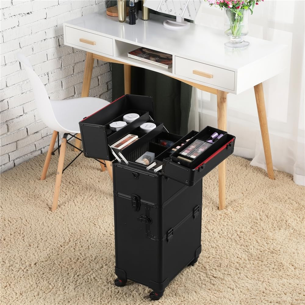 Makeup Train Case 3 in 1 Professional Cosmetic Trolley Multi-Functional Organizers Large Storage Traveling Cart Trunk for Nail Tech - Black