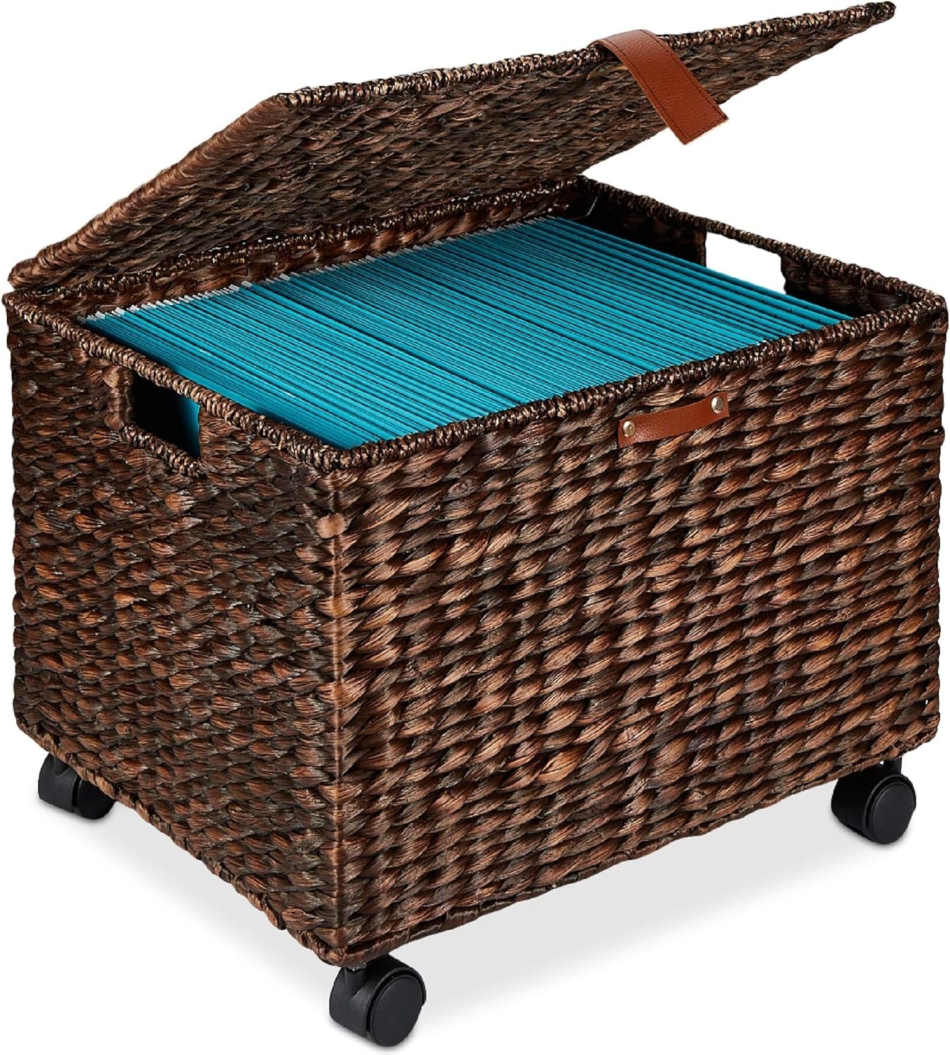 Water Hyacinth Rolling Filing Cabinet, Woven Mobile Storage Basket, Portable File Organizer for Legal &amp; Letter Size Memos W/Lid, 4 Locking Wheels - Natural