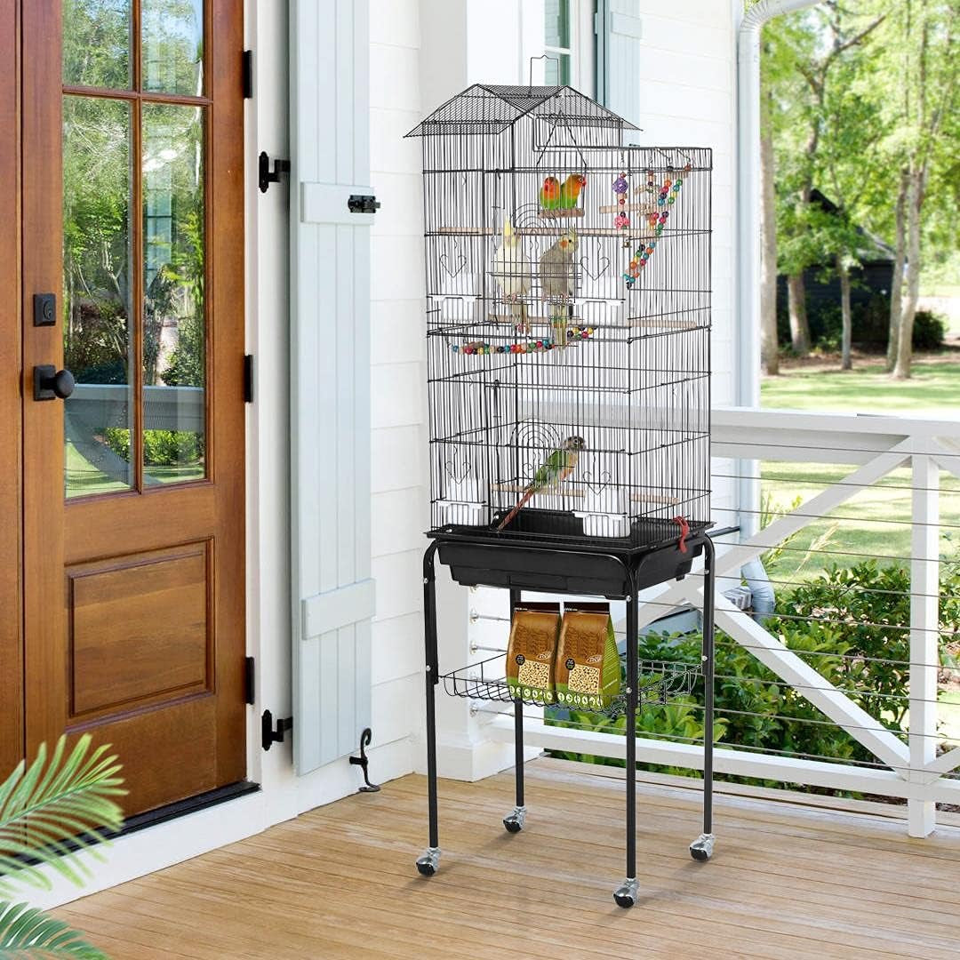 Bird Cage 64-Inch Play Open Top Medium Small Parrot Parakeet Bird Cages with Detachable Rolling Stand for Parrot Lovebirds Finches Parakeets Budgie Parrotlet Conures, Pet Flight Birdcage