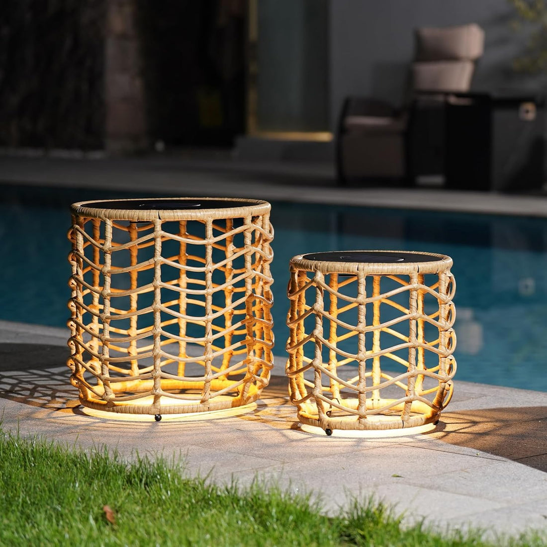 Boho Solar Nesting Tables with Built-In Lights - Set of 2, Weather-Resistant Wicker for Patio, Porch, Garden, Perfect Side Table for Outdoor Living, Natural &amp; Stylish Design