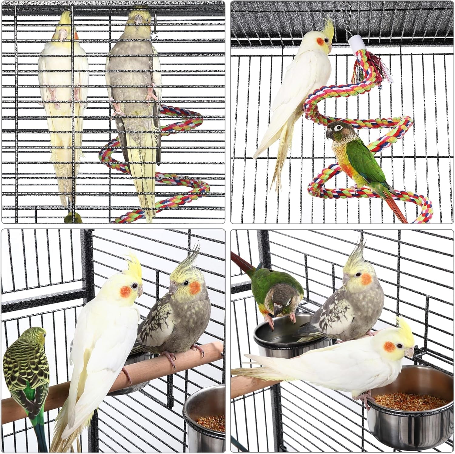 69-Inch Wrought Iron Rolling Large Parrot Bird Cage for African Grey Small Quaker Amazon Cockatiel Sun Parakeet Green Cheek Conure Dove Lovebird Budgie Play Top with Stand