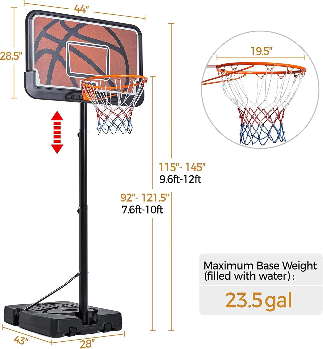 Basketball Hoop Outdoor Basketball Goal 9.6-12Ft Height Adjustable Portable Basketball Hoops with 44 Inch Backboard and 2 Wheels Black/Orange