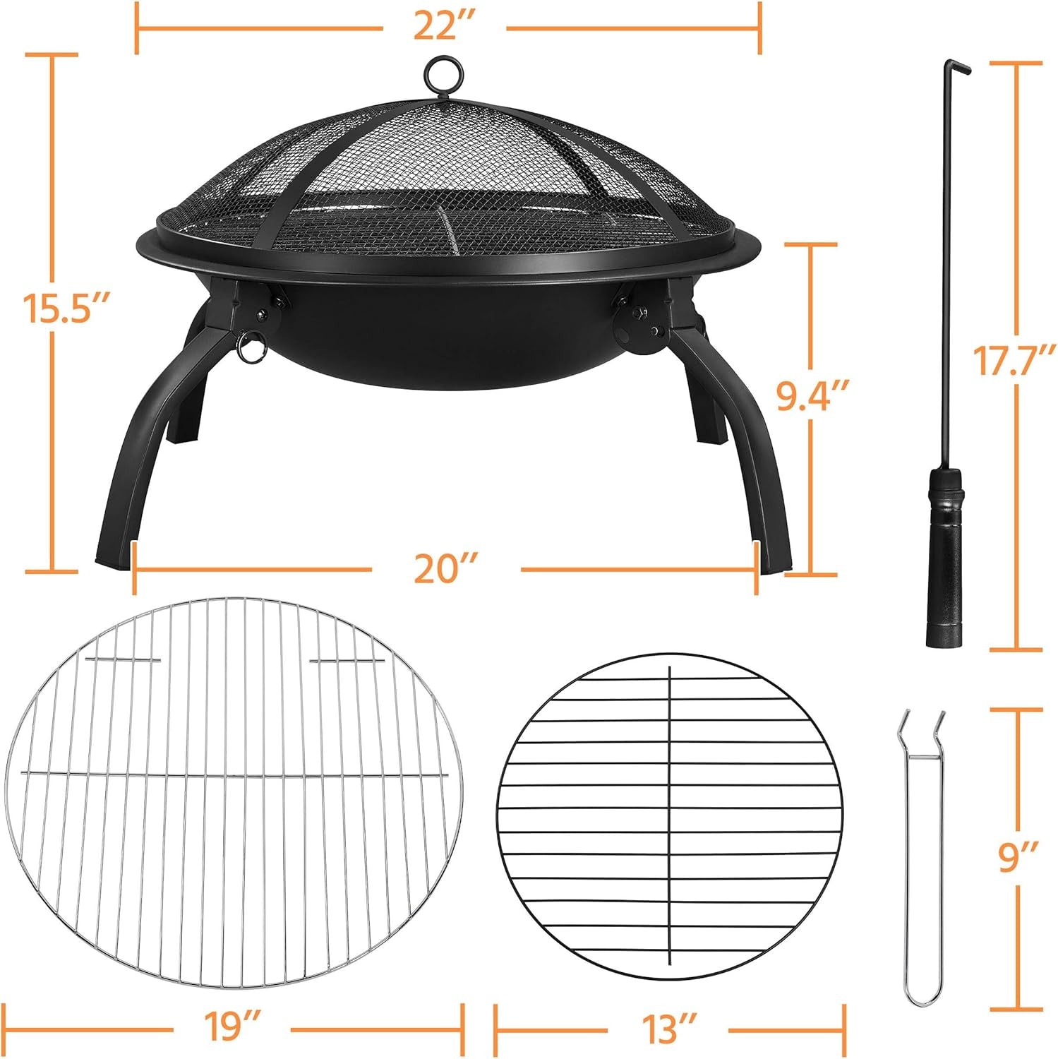 Fire Pit 22In Folding Firepits BBQ Fireplace with Steel Grill, Cooking Grate and Poker for Outdoor Camping &amp; Bonfire