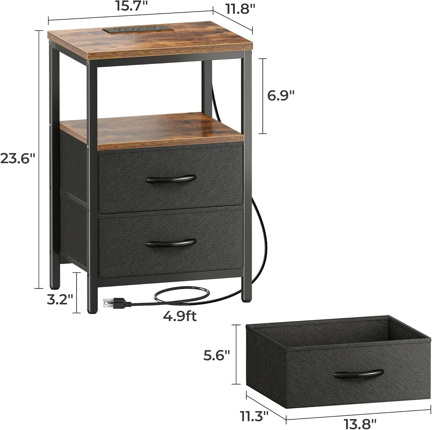 Nightstand with Charging Station, Side Table with Fabric Drawers, End Table with Open Shelf, Bedside Table with USB Ports and Outlets, Night Stand for Bedroom, Rustic Brown and Black