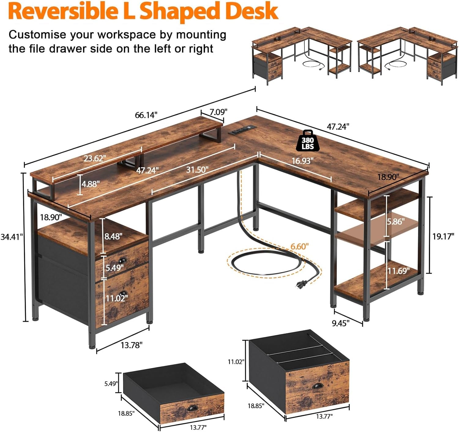 66” L Shaped Desk with Power Outlet, Reversible Computer Gaming Desk with File Drawer &amp; 2 Monitor Stands for Home Office with Storage Shelves, Rustic Brown