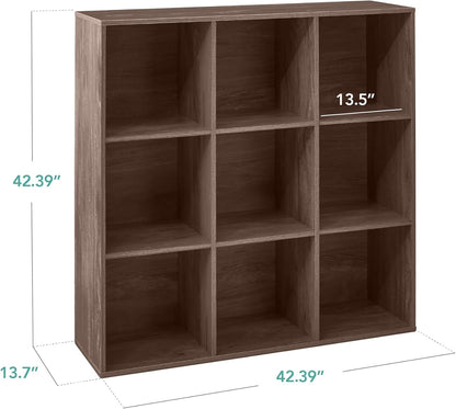 9-Cube Storage Organizer, 13.5In Shelf Opening, Bookcase, Display Shelf, Customizable W/ 3 Removable Back Panels – Walnut