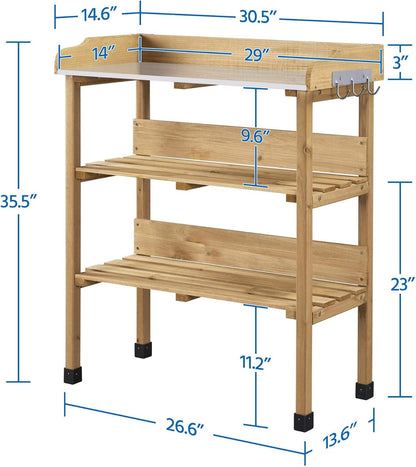 Outdoor Garden Potting Bench Table Wooden Horticulture Planting Worstation W/Metal Tabletop/Storage Shelf/3 Hooks, Natural Wood