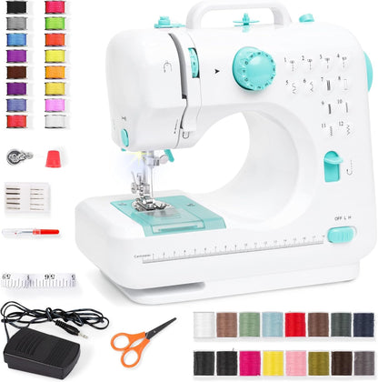 Compact Sewing Machine, 42-Piece Beginners Kit, Multifunctional Portable 6V Beginner Sewing Machine W/ 12 Stitch Patterns, Light, Foot Pedal, Storage Drawer - Teal/White