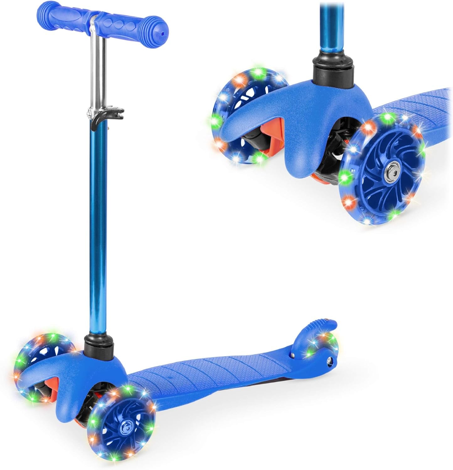 Kids Mini Kick Scooter Toy W/ Light-Up Wheels, Height Adjustable T-Bar, Foot Break - Blue