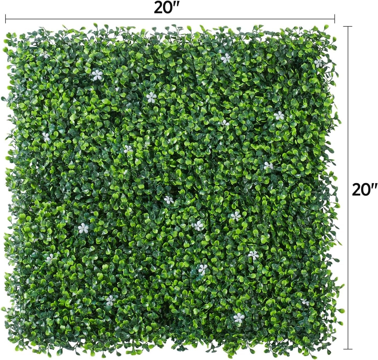 6Pcs 20 X 20 Inch Artificial Boxwood Panels W/Little White Flowers Topiary Hedge Plant Grass Wall UV Protected Privacy Hedge Screen for Garden, Fence, Backyard, Home, Wedding