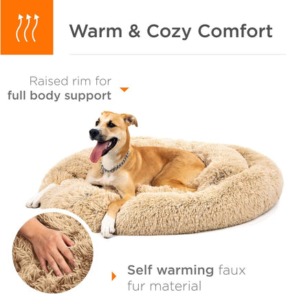 45In Dog Bed Self-Warming Plush Shag Fur Donut Calming Pet Bed Cuddler W/Water-Resistant Lining, Raised Rim - Brown